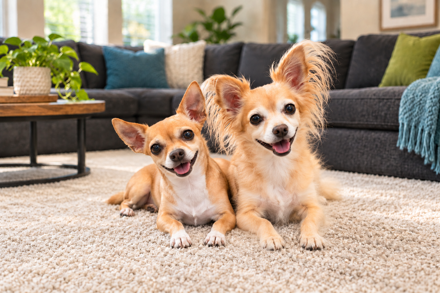 Belle and Cali happily resting together on a light carpet